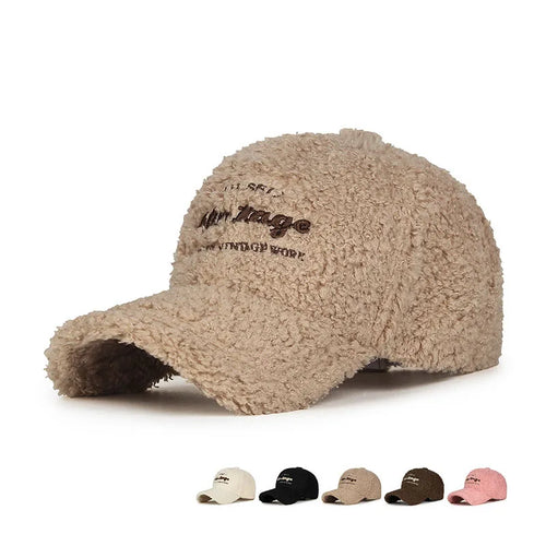 Lamb Plush Warm Embroidered Letter Baseball Hat