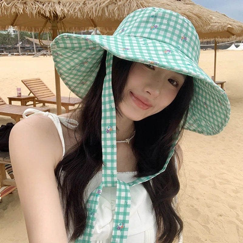 Double-Sided Plaid Lace-Up Bucket Hat Women