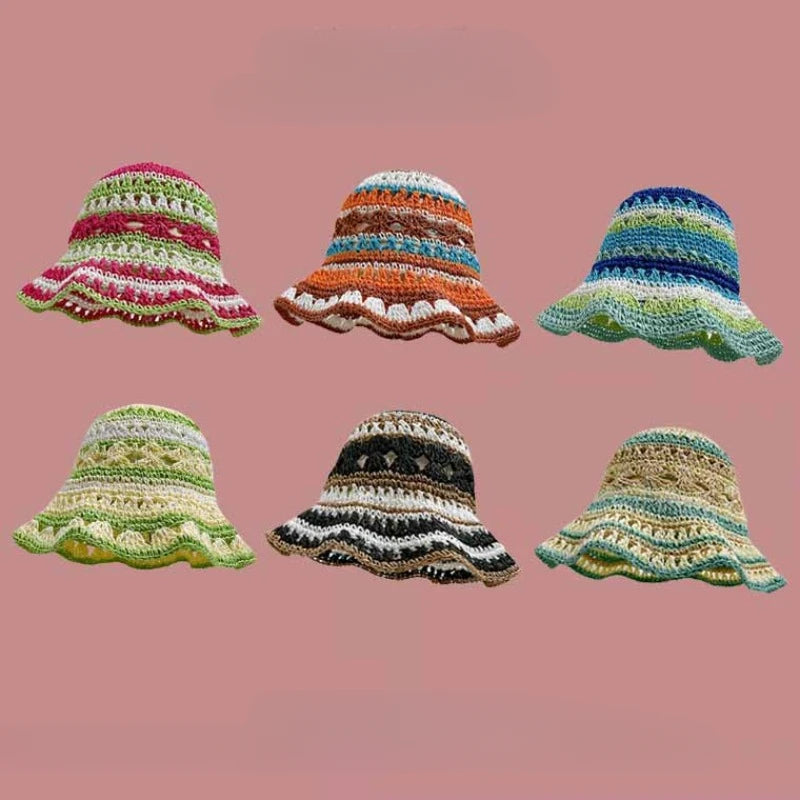 Seaside Colorful Striped Hollow Straw Bucket Hat