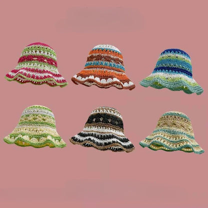 Seaside Colorful Striped Hollow Straw Bucket Hat