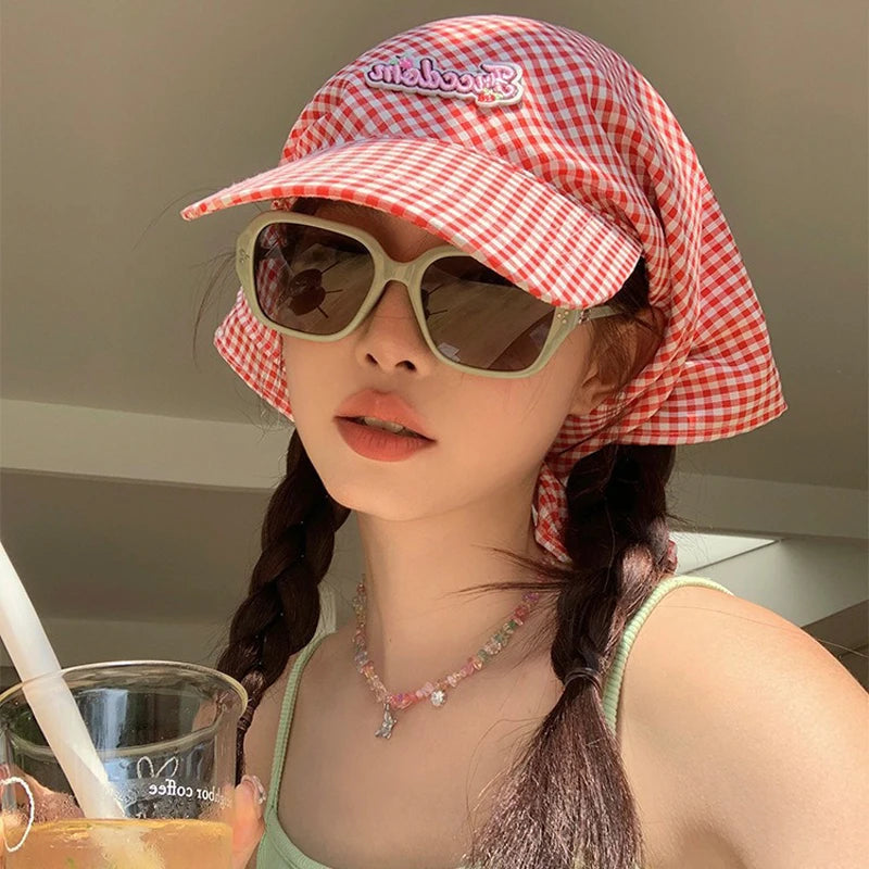 Womens Plaid Korean Style Sunshade Bucket Hat