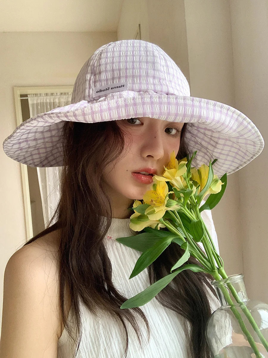 Japanese Plaid Knot Wide Brim Summer Bucket Hat