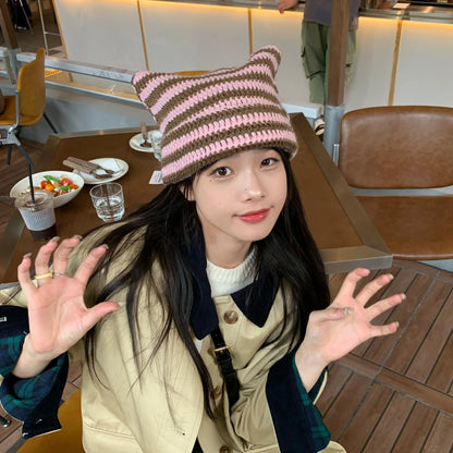 Striped Knit Cat Ears Bucket Hat