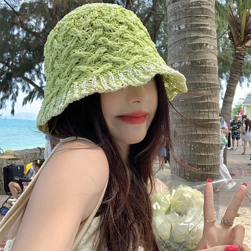 Hollow Woven Japanese Style Breathable Women Bucket Hat