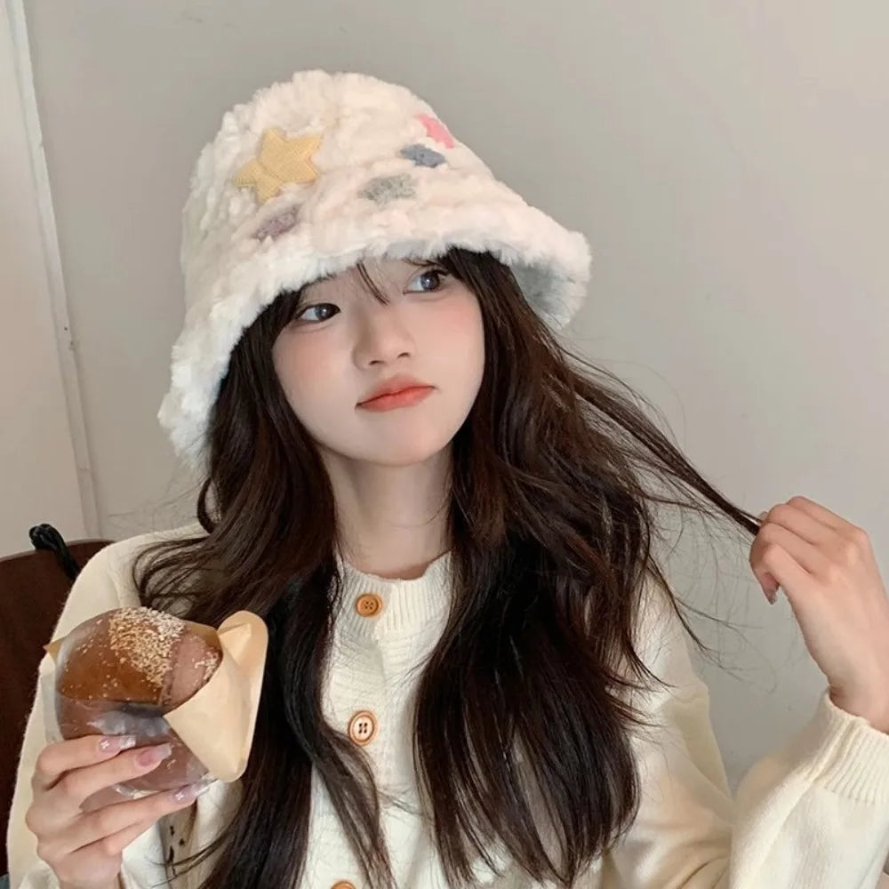 Star Plush Winter Fisherman Hat Women Foldable Warm Cap