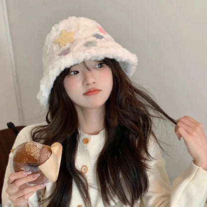 Star Plush Winter Fisherman Hat Women Foldable Warm Cap