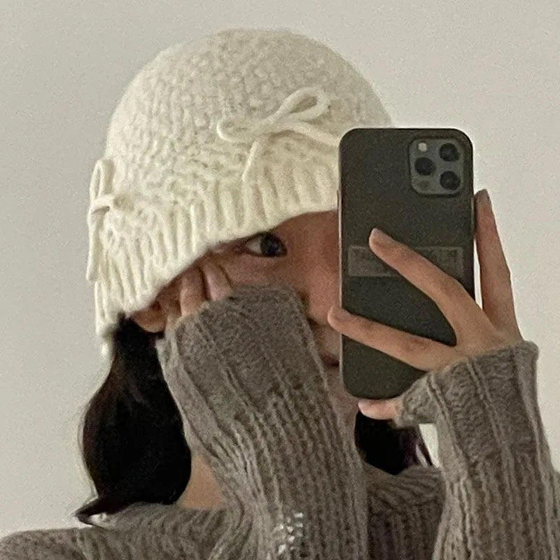 Korean Bow Decor Knit Bucket Hat