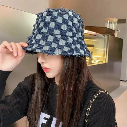 Korean Plaid Denim Sun Bucket Hat