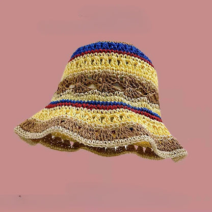 Seaside Colorful Striped Hollow Straw Bucket Hat