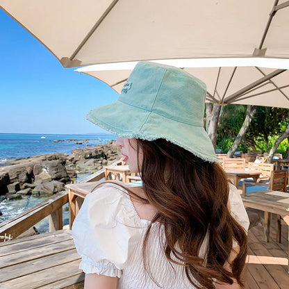 Solid Color Letter Embroidery Wide Brim Bucket Hat