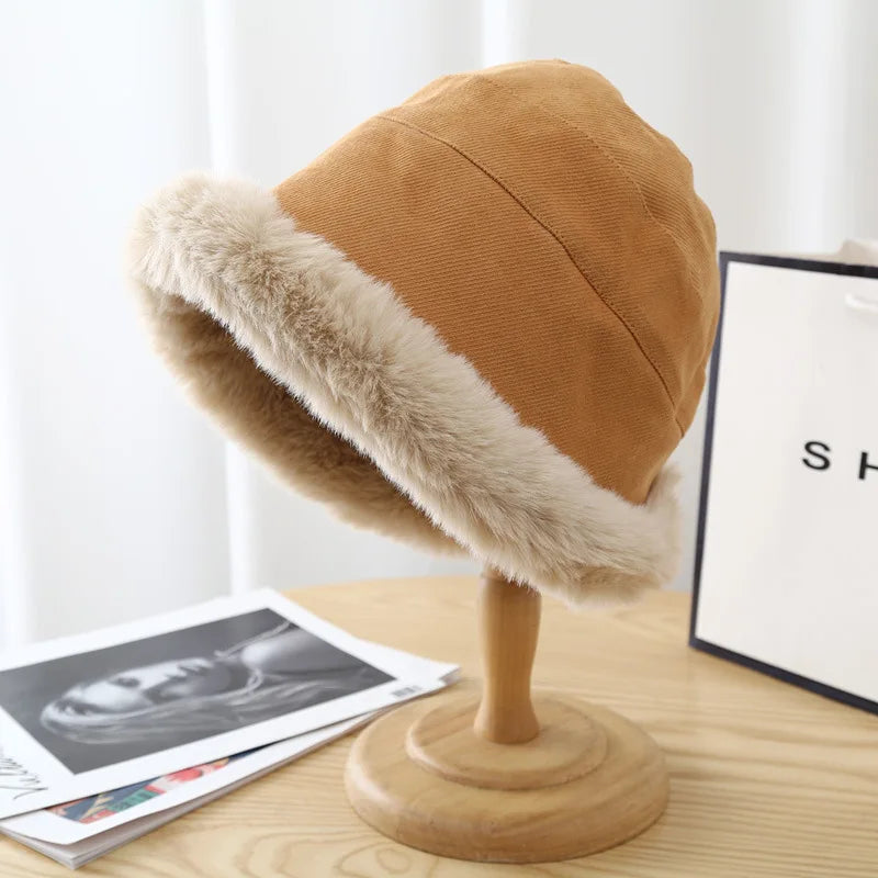 Fluffy Fur Bucket Hat Women Winter