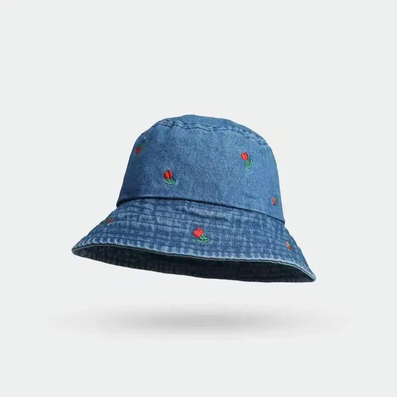 Bucket Hat Women Denim Embroidered Flower Summer Hats