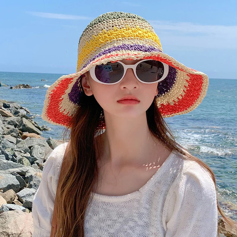 Rainbow Crochet Straw Summer Bucket Hat