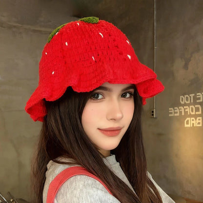 Cute Red Strawberry Sweet Handmade Knitted Fisherman Hat