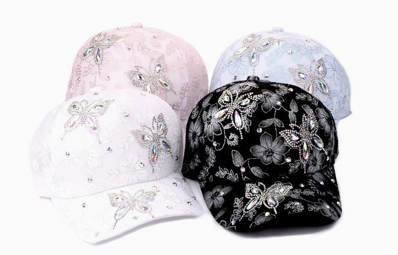 Women Flower Butterfly Rhinestone Lace Baseball Cap