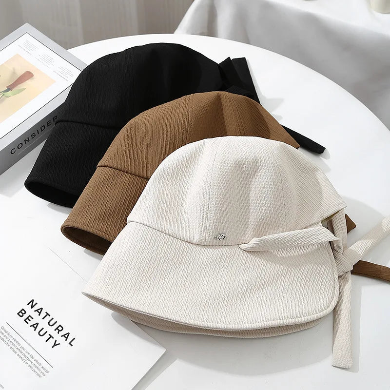 Korean Solid Color Bow Wide Brim Bucket Hat