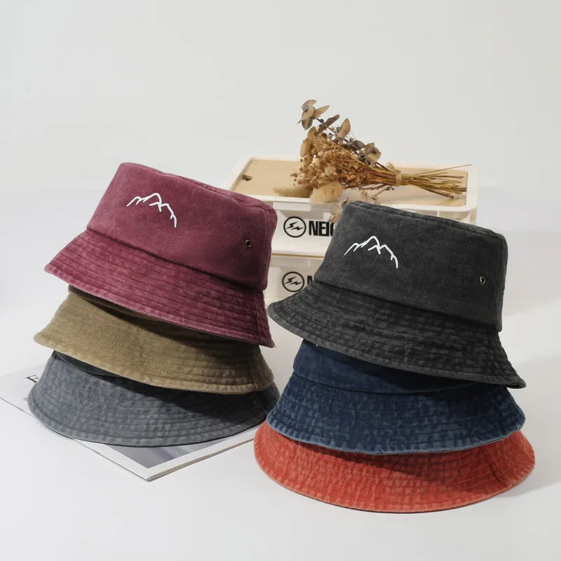 Hot Vintage Washed Mountain Logo Bucket Hat