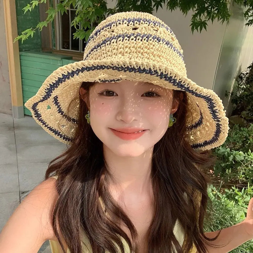 Handmade Hollow Crochet Straw Beach Bucket Hat