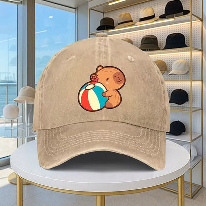 Capybara Beach Ball Washed Denim Baseball Cap