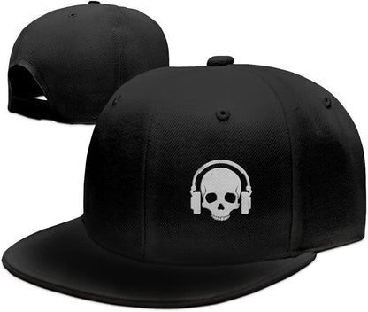 Skull Earphone Black Flat Bill Snapback Cap