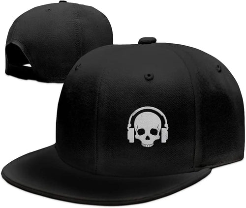 Skull Earphone Black Flat Bill Snapback Cap