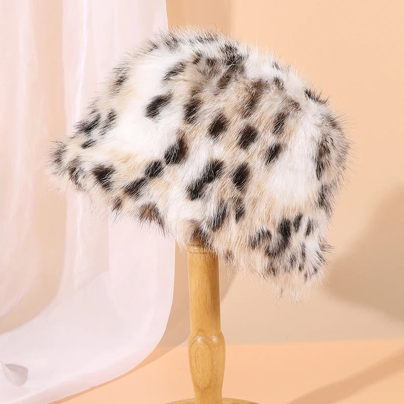 Korean Leopard Fox Fur Bucket Hat Women Autumn Winter