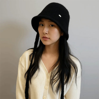 Wool Blend Rope Back Knitted Bucket Hat