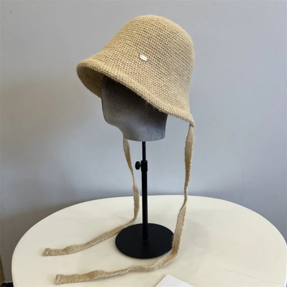 Wool Blend Rope Back Knitted Bucket Hat