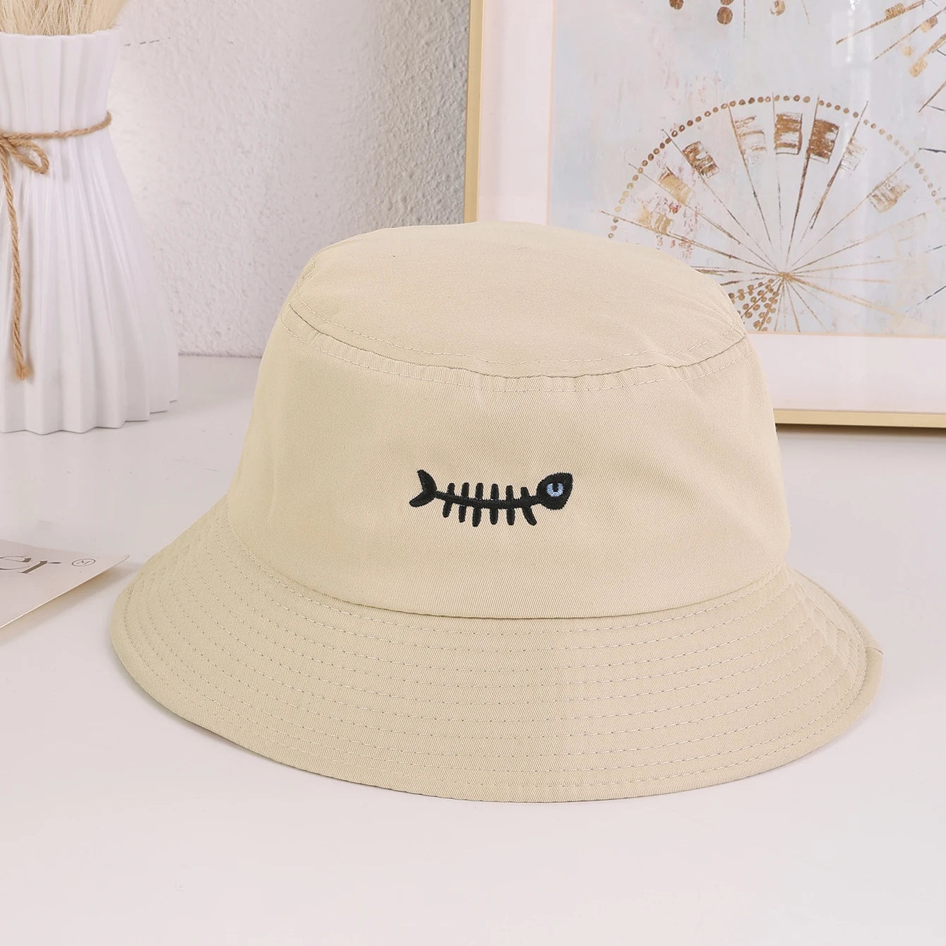 Unisex Fishbone Embroidered Wide - Brim Fisherman Hat