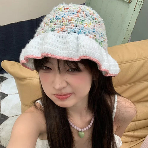 Dopamine Contrast Color Knitted Breathable Women Bucket Hat
