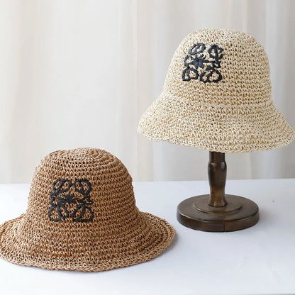 Handmade Letter Embroidery Straw Dome Bucket Hat