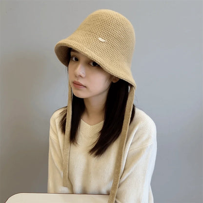 Wool Blend Rope Back Knitted Bucket Hat