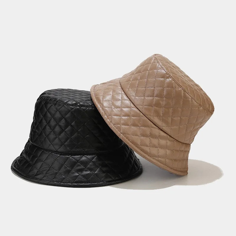 Korean PU Leather Check Winter Bucket Hat