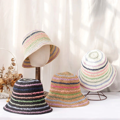 Women Rainbow Straw Crochet Sun Bucket Hat