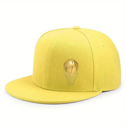 Gold Basketball Hoop Logo Flat Brim Unisex Snapback Cap