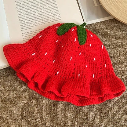3D Strawberry Crochet Ruffle Bucket Hat