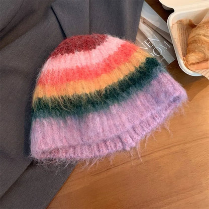 Korean Y2k Striped Woolen Warm Bucket Hat