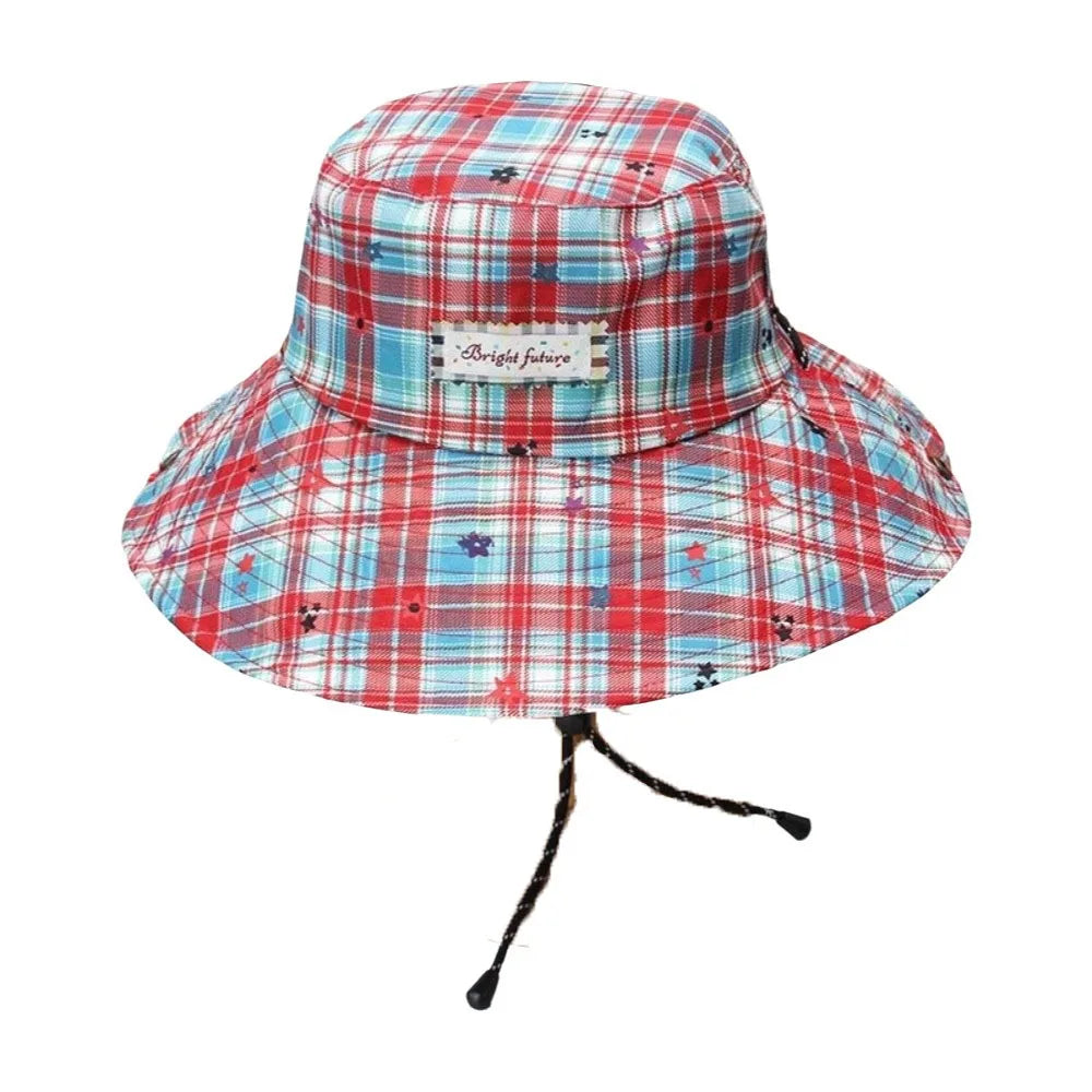 Portable Plaid Wide Brim Adjustable Sun Protection Bucket Hat