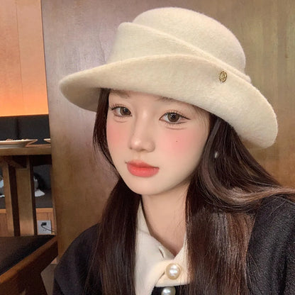 Hepburn Elegant White Wool Retro Bucket Hat