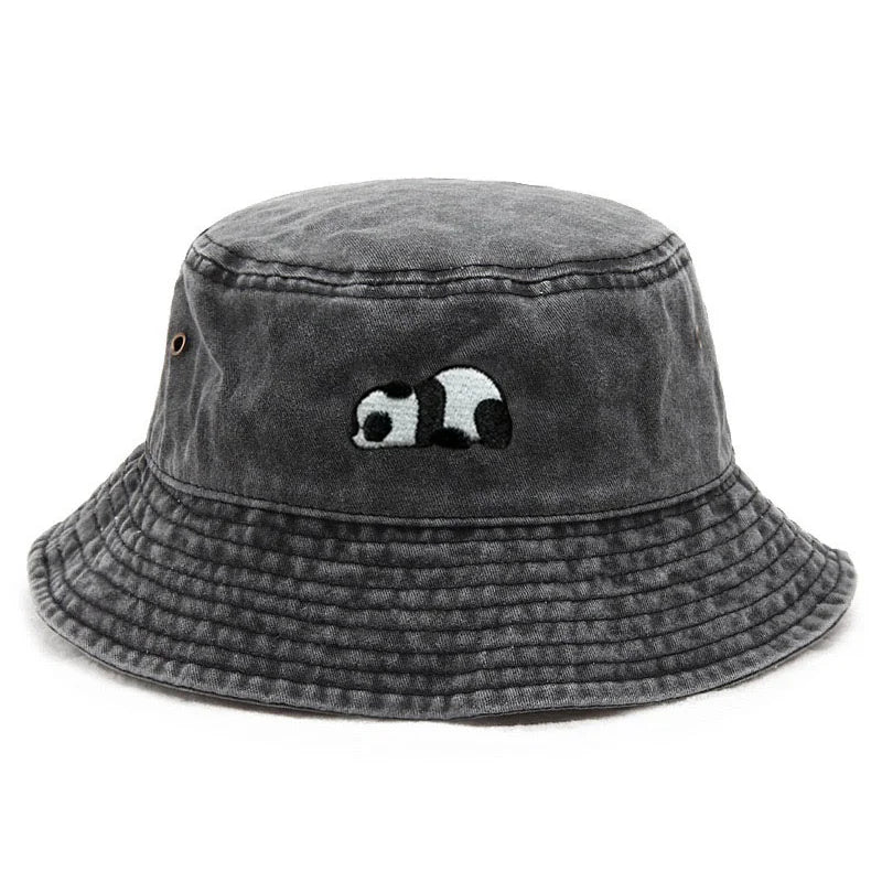 Washed Cotton Panda Embroidery Vintage Bucket Hat