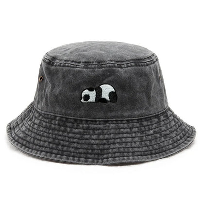 Washed Cotton Panda Embroidery Vintage Bucket Hat