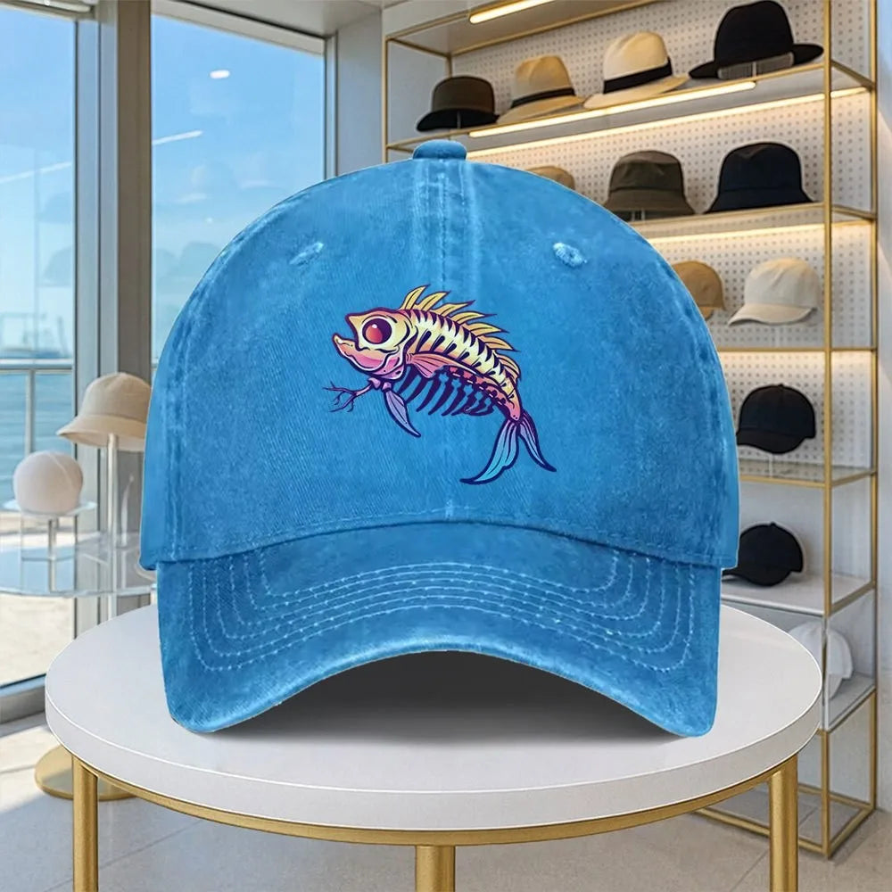 Cartoon Fishbone Washed Denim Print Baseball Cap