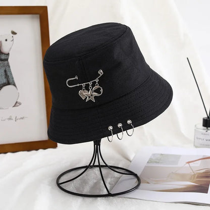 Black Metal Ring Foldable Bucket Hat Unisex