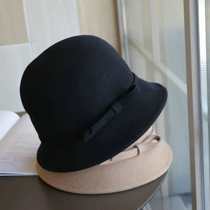 Vintage Bowknot Felt Dome Bucket Hat