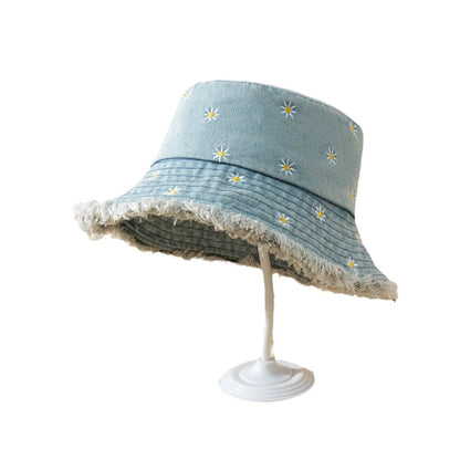 Daisy Embroidered Washed Denim Retro Summer Bucket Hat