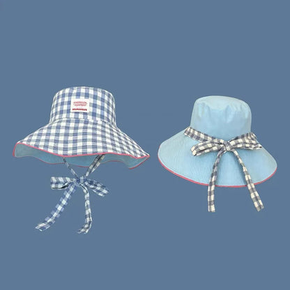 Double-Sided Plaid Lace-Up Bucket Hat Women