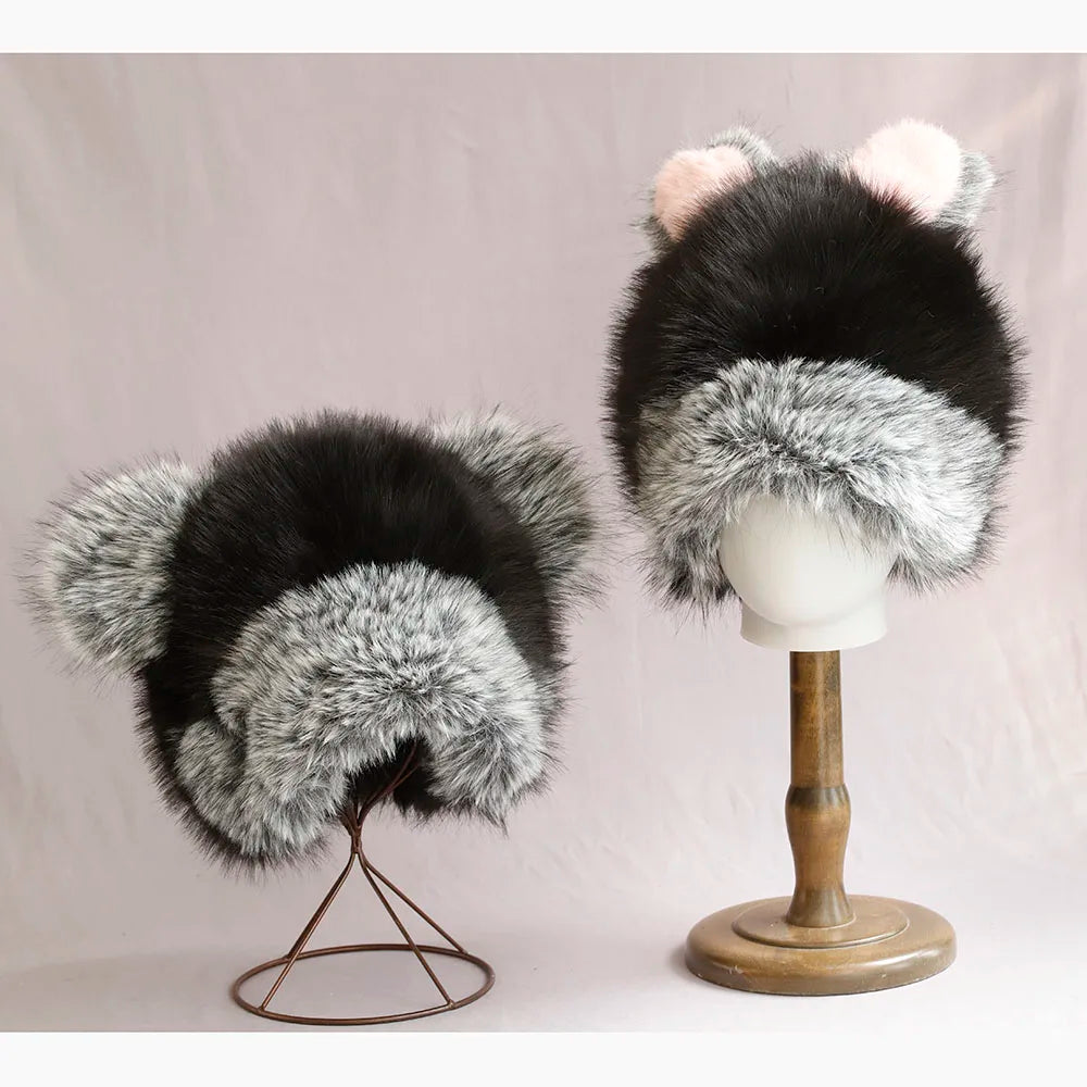 Y2K Bear Rabbit Fur Bucket Hat