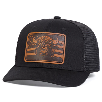 Unisex Brown Flag Bull Head Leather Label Baseball Net Caps