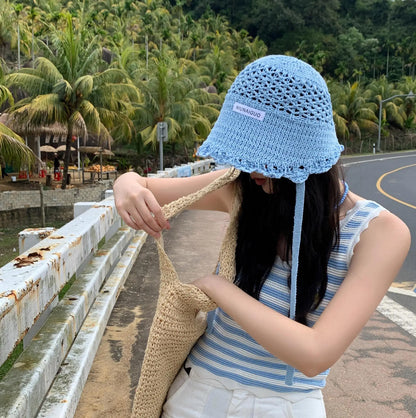 Womens Blue Woven Fisherman Large Brim Bucket Hat