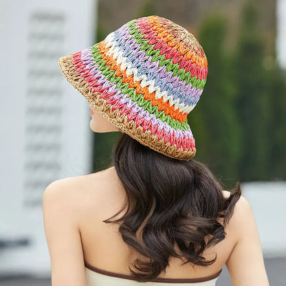 Womens Rainbow Straw Summer Bucket Hat